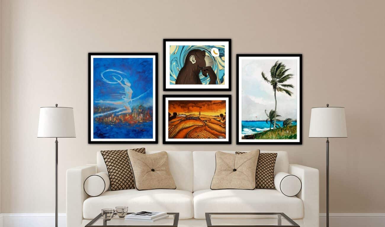 kunst bilder på vegg over sofa